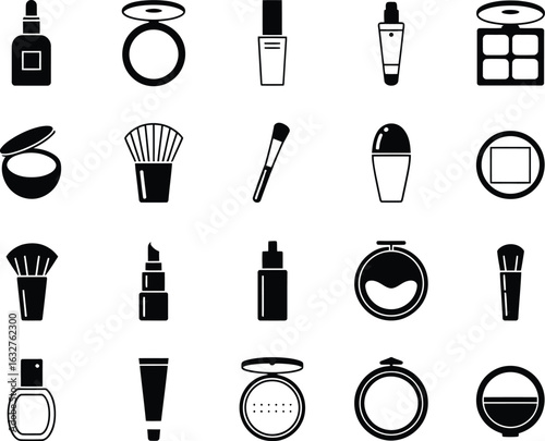 Vector Illustration of Various Cosmetic Products for Beauty and Makeup Professionals Showcasing Tools and Essentials for a Flawless Look