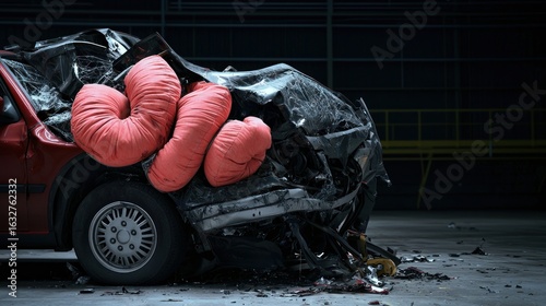 Wallpaper Mural Crushed car with deployed airbags after a crash test, showcasing severe front-end damage. Torontodigital.ca