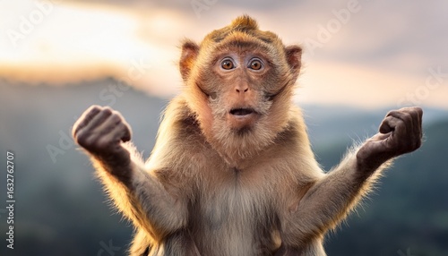 a curious monkey with a confused expression raises its arms giving an impression of questioning or seeking understanding