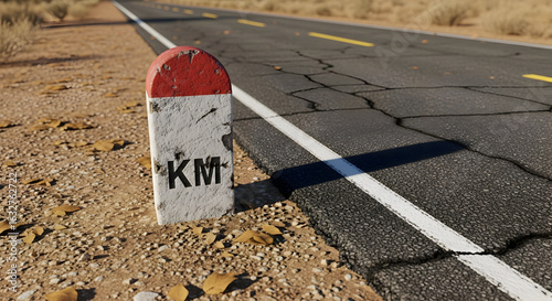 Kilometer Marker Stands By Cracked Road Surface In A Desert Landscape