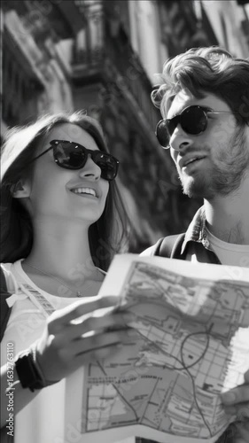 Smiling couple examining map together. Travel, happiness and exploration theme.