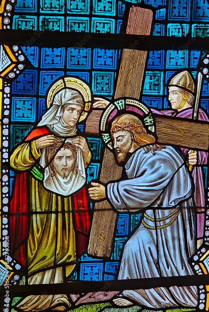 Fototapeta premium Stained Glass – Saint Veronica Wipes the Face of Jesus, Rochefort Church, Belgium