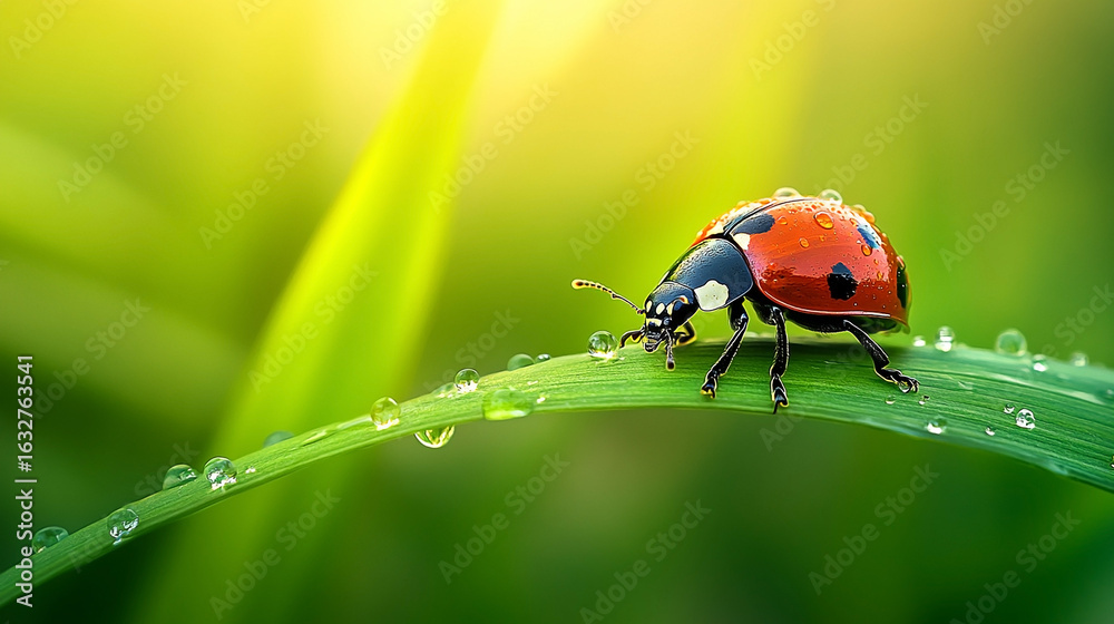 Obraz premium Close-up of a ladybug on a dewy green leaf in a sunlit garden