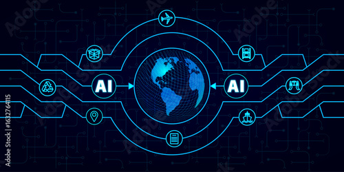 Global logistics network  and AI in blue. Map global logistics partnership connection.  Globe  with logistics icons in neon style. Artificial Intelligence concept.  EPS10.