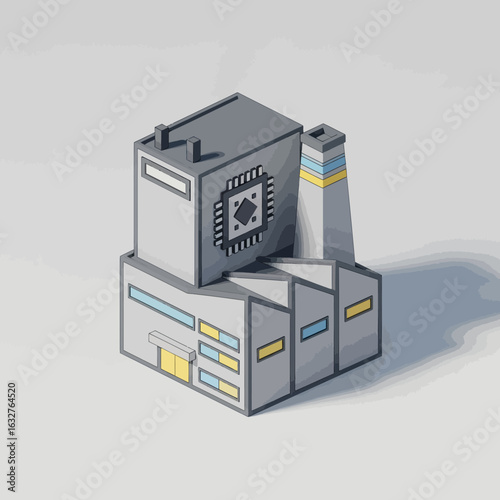 Isometric view of a modern industrial factory building with a tall chimney.
