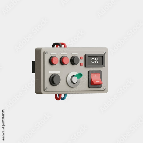 Industrial control panel with buttons switches and display.