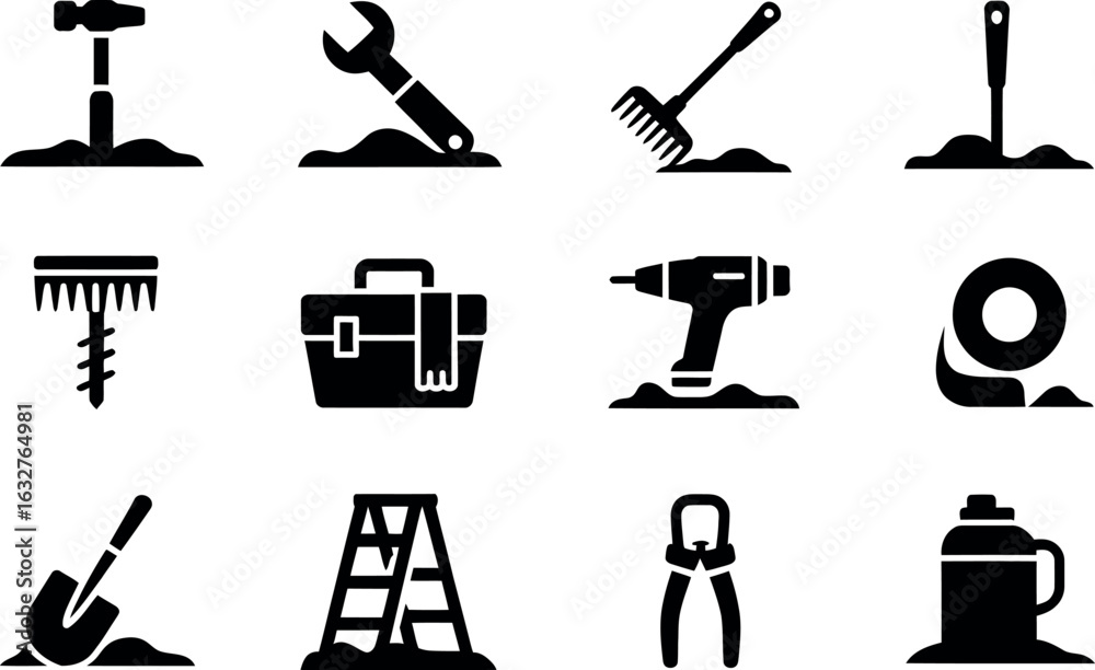 Obraz premium Vector Construction Tools Icons: Black Silhouette Set