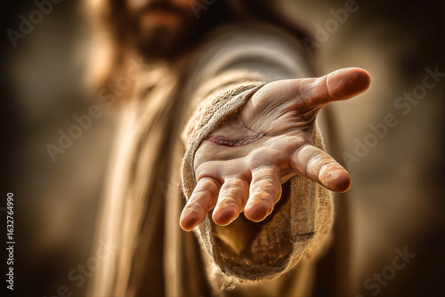 Hand of Jesus Christ with Visible Nail Marks Reaching Out