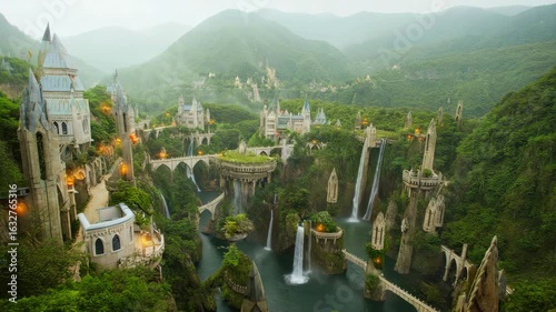 Fantasy castle city, magical architecture, waterfall kingdom, lush mountains, enchanted landscape, medieval fantasy world, scenic bridges, misty valley, fairytale scene, fantasy realm