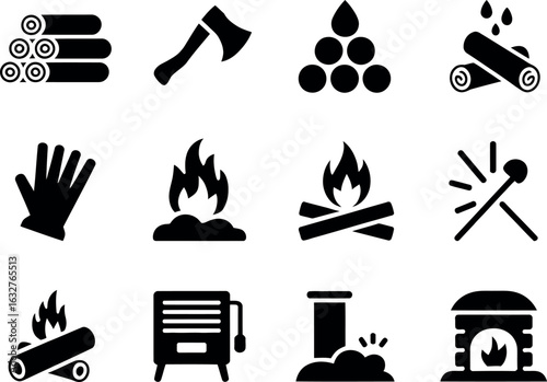 Vector Firewood Icons: Campfire, Fireplace, and Axe Graphics