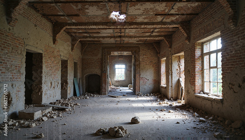 Abandoned interior of a derelict building with cracked walls and debris on the floor, natural light coming in