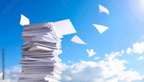 Tall Stack of White Papers with Sheets Blowing in the Wind under a Bright Blue Sky