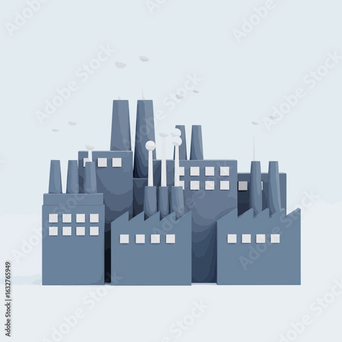 Industrial factory buildings with smokestacks against a light background.