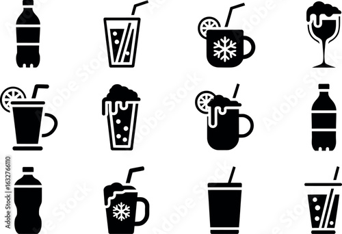Vector Beverage Icons:  Bottles, Cups, and Glasses Set