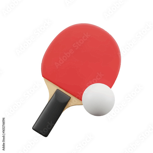 Red ping pong paddle with a white ball on white background.