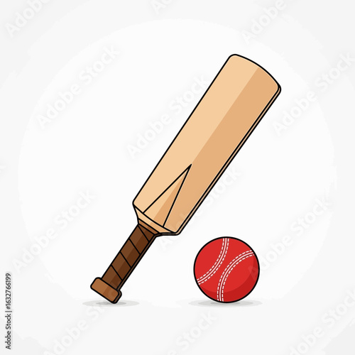 Wooden cricket bat and red ball on white background.