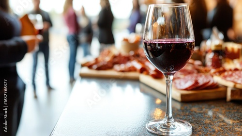 Wine glass of red wine at a catered event with appetizers.