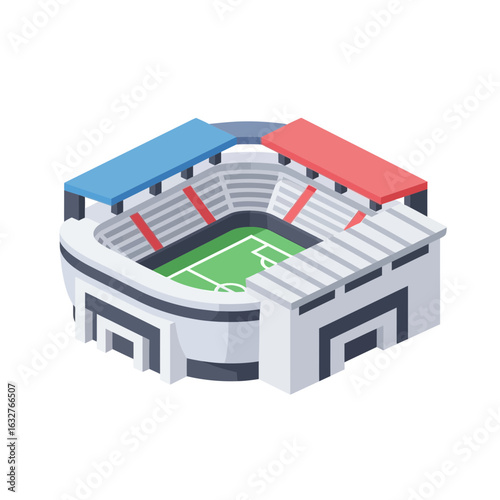 Isometric view of a sports stadium with a green field.