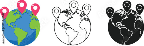 Global location icons in three distinct styles: vibrant color, clean outline, and bold silhouette. Vector graphics ideal for travel, mapping, and geolocation concepts.