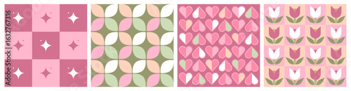 Seamless retro checkerboard pattern set. Sparkles in pink. Nostalgic Y2K background. Mid century modern geometric abstract design. heart shaped petals and vintage floral tulip print in soft pastel.