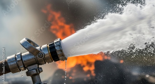 Firefighter's hose spraying water onto raging flames, extinguishing fire