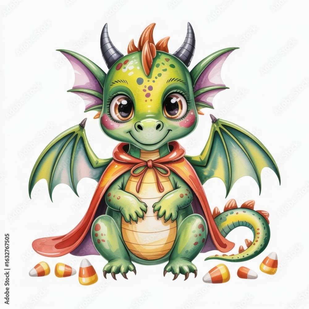 Naklejka premium Cute Watercolor Illustration of a Friendly Dragon With Candy Corn on a Bright Background