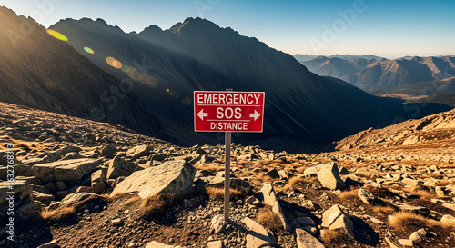 Mountain Rescue Sign Stands Guard Amidst Rugged Peaks And Rocky Terrain