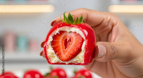 Close up of a hand holding a love strawberry