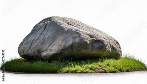 large grey boulder resting on a patch of green grass isolated on transparent background
