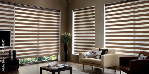 Elegant living room adorned with zebra blinds enhancing natural light and stylish decor