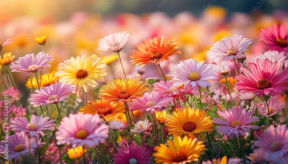 Fototapeta premium a vibrant field of colorful daisies in full bloom showcasing pink yellow and orange flowers in soft focus