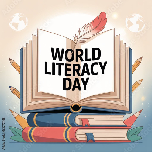  World Literacy Day Minimalists Banner Concept. World Book Day Festival, Book Sale, Happy knowledge day Vector Illustration.  