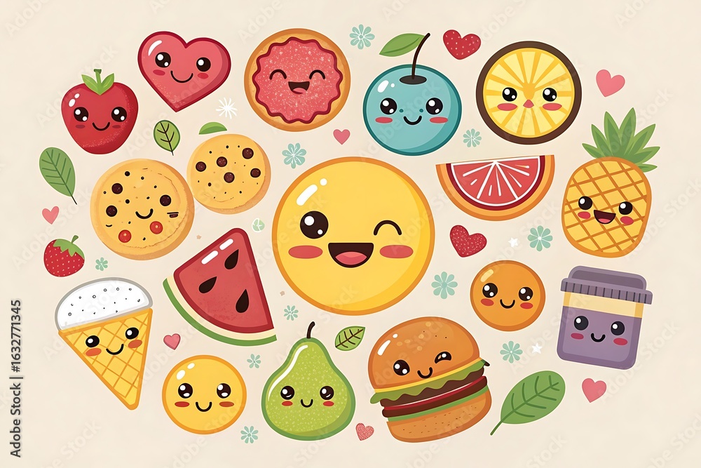 funny cartoon fruit and vegetable set with smiling faces vector illustration seamless pattern for children and kids design