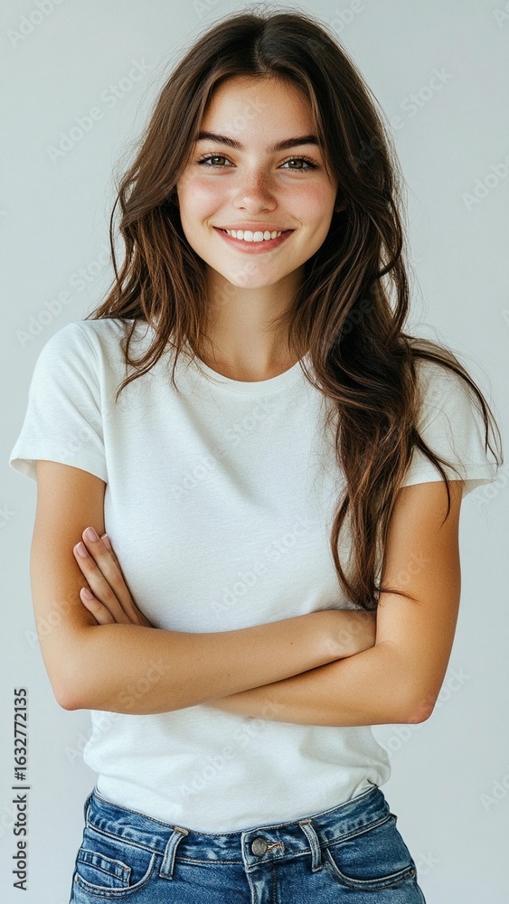Smiling Woman in White Shirt and Jeans Smiling Woman in White Shirt and Jeans
