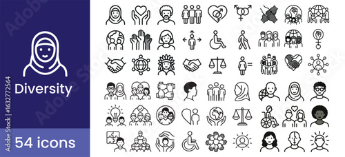 Diversity and inclusion icon set for society and community, with people, culture, equality, teamwork, and unity symbols.

