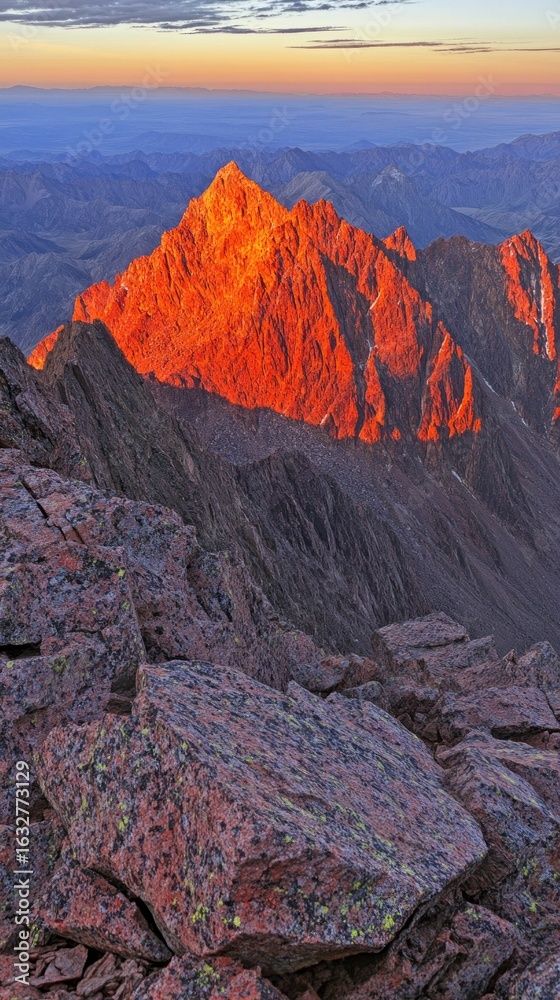 Obraz premium Sunrise illuminates a mountain peak.