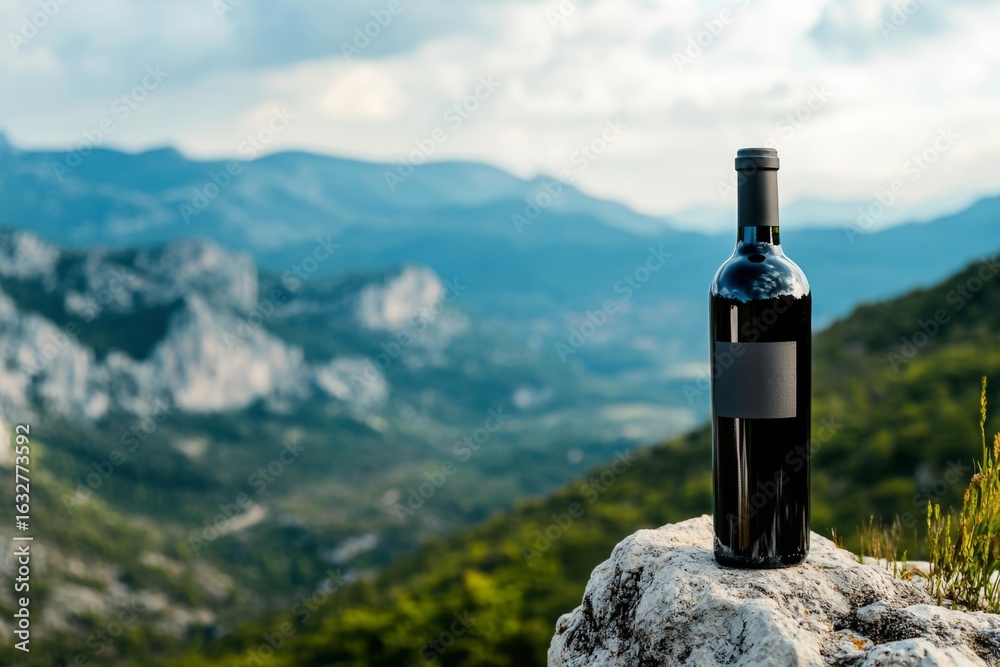 Fototapeta premium Wine bottle mockup in scenic Balkan landscape showcasing traditional winery ambiance.