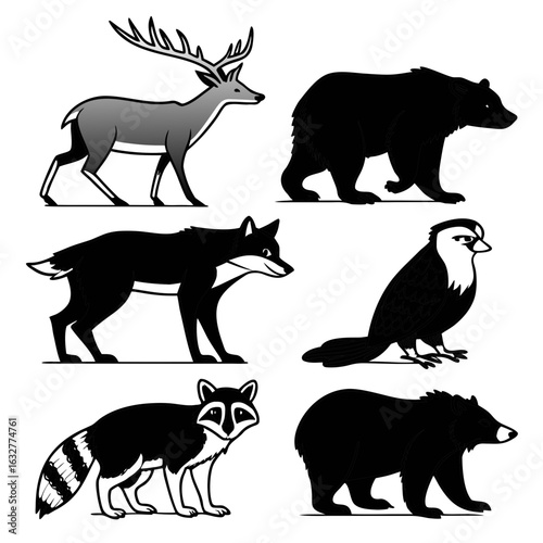Illustration of a deer, two bears, a wolf, a bird, and a raccoon in black and white vector style