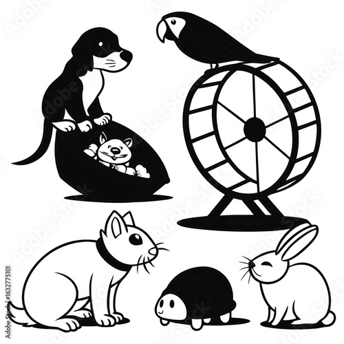 Illustration of a dog cat in a bed parrot on a wheel two rabbits and a turtle in black and white style art