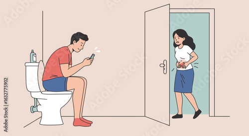 Man sitting on toilet using smartphone while woman waits outside bathroom door - modern bathroom habits and digital addiction illustration