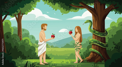 Young couple playing badminton in a peaceful forest clearing with treehouse - outdoor recreation and active lifestyle illustration