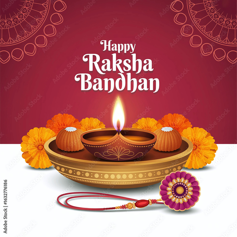 Naklejka premium Raksha Bandhan greeting with diya lamp and rakhi on festive background happy Raksha Bandhan Indian festival