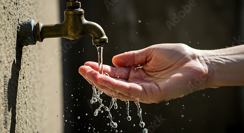 Water Flowing From Faucet Into Hand Outdoors for Hygiene