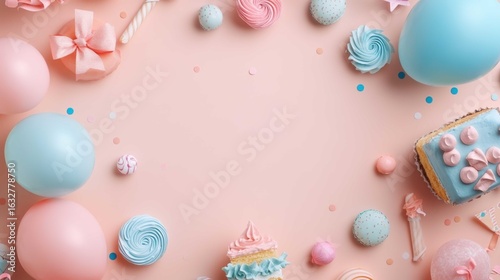 Colorful pastel party decorations with sweets and balloons on a table