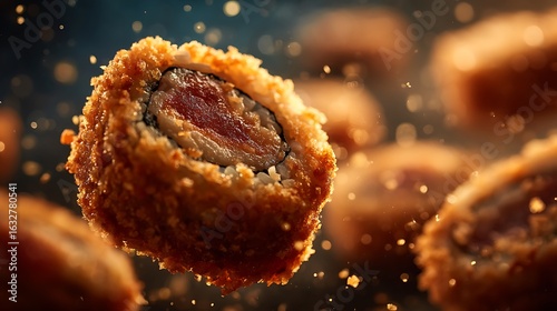 Close-up of Crispy Fried Sushi Roll with Filling on Dark Background.