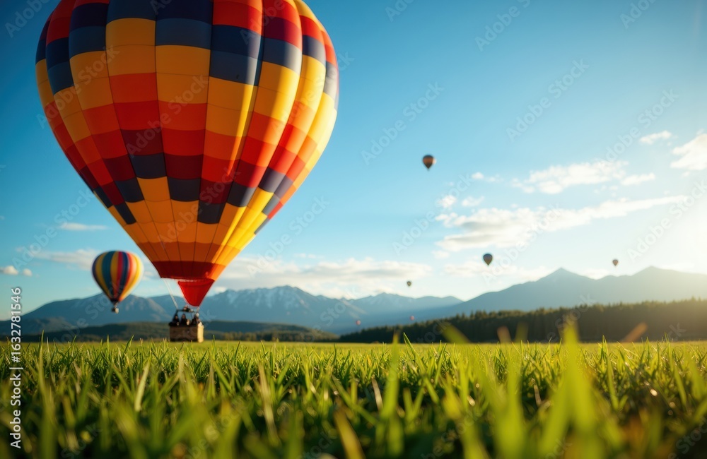 Fototapeta premium A colorful hot air balloon floats above a grassy field with mountains in the background on a clear sunny day