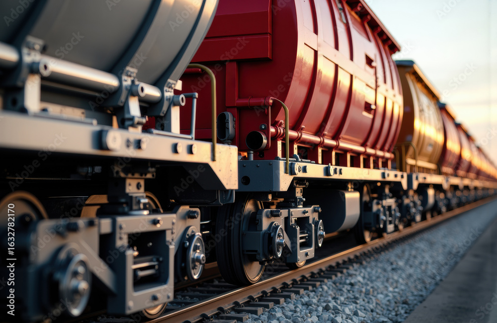 Naklejka premium Cargo train cars moving along railway tracks at sunset creating a dynamic industrial scene