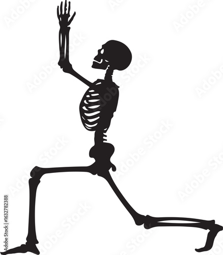 Black silhouette of a skeleton in a yoga warrior pose on a white background exercise
