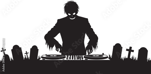 Black silhouette of a zombie D J playing music at a graveyard with tombstones and grass vector