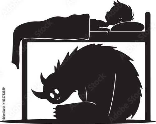 Silhouette of a child sleeping in a bunk bed with a friendly monster underneath vector